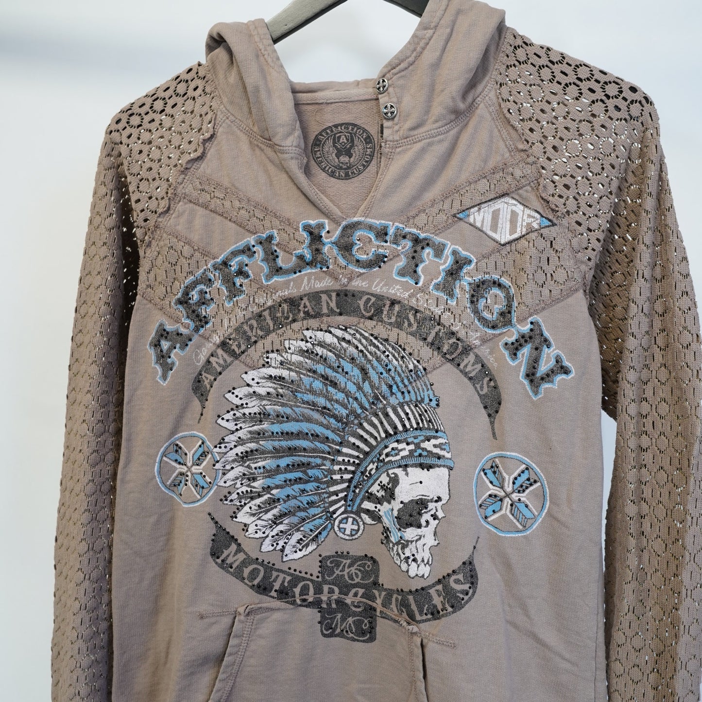 (Women's L ) Sinful Affliction Hoodie Lace Sleeves Made USA Skull Biker Y2K Tan