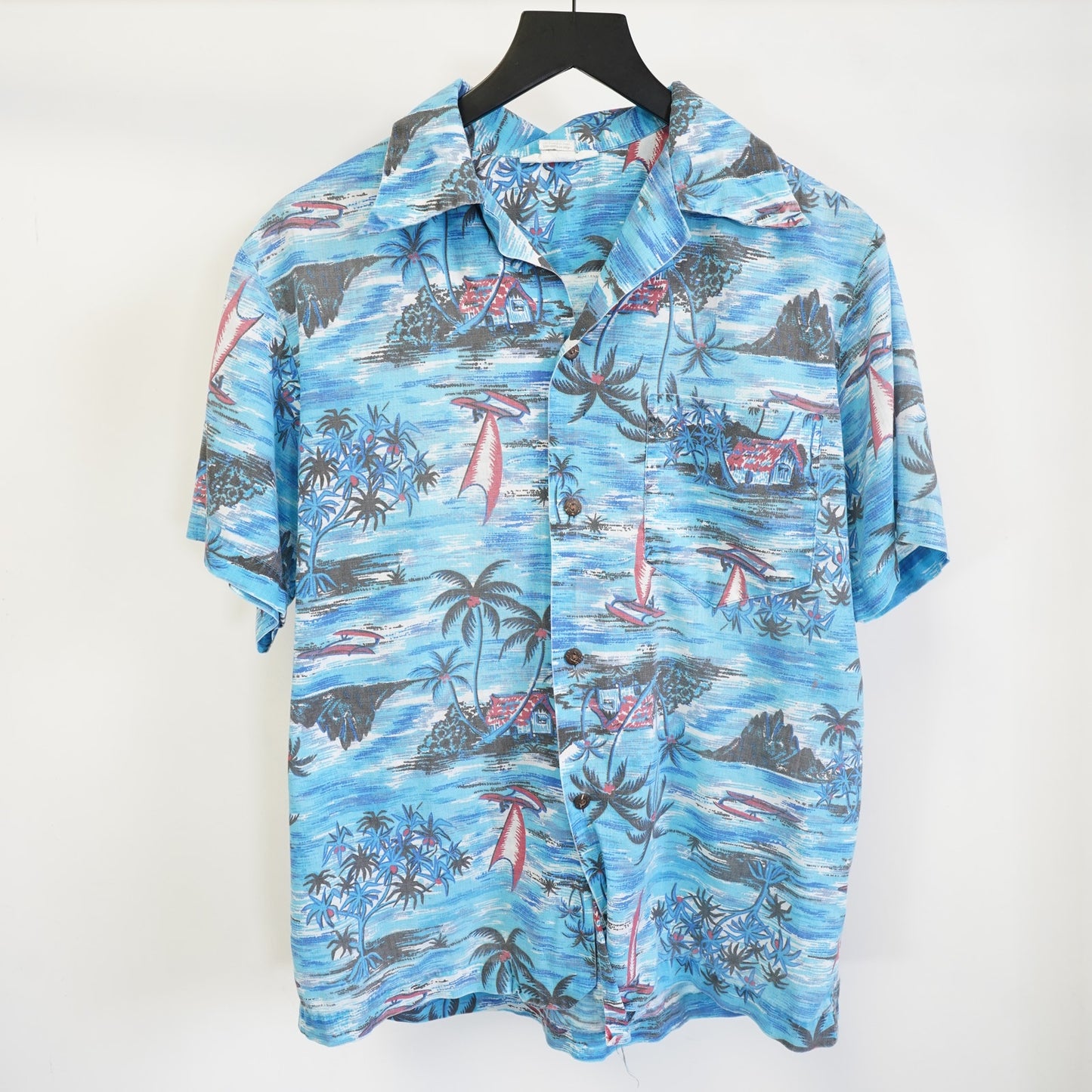 (M) Vintage 90s Hawaiian Shirt Men's M Floral Tropical Surf Made in Hawaii USA Blue