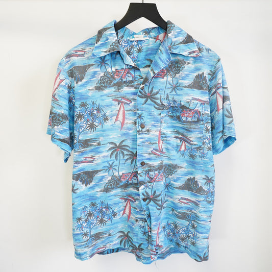 (M) Vintage 90s Hawaiian Shirt Men's M Floral Tropical Surf Made in Hawaii USA Blue
