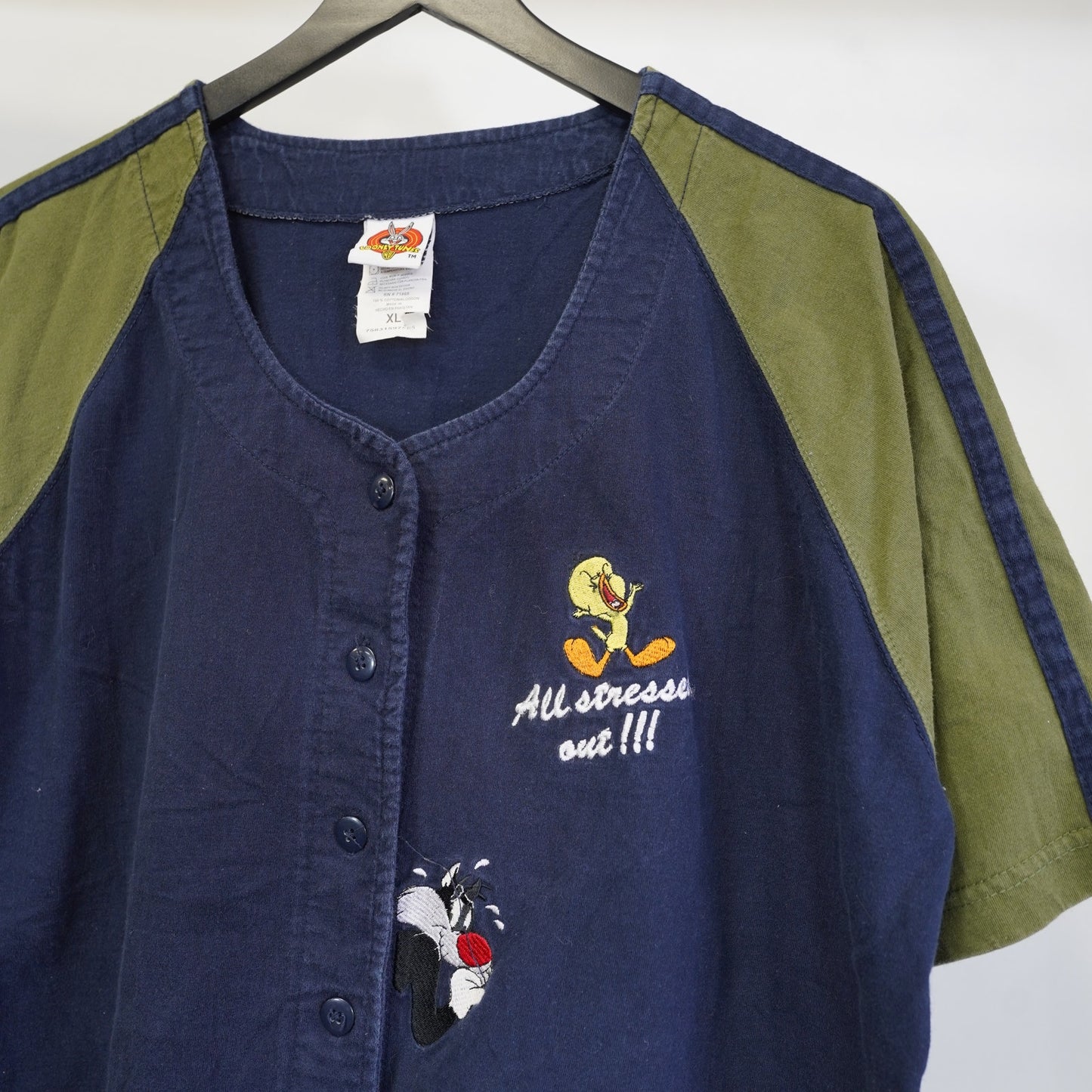 (XL) Vintage Looney Tunes Tweety Bird Baseball Jersey Men's XL Sylvester Cartoon Blue
