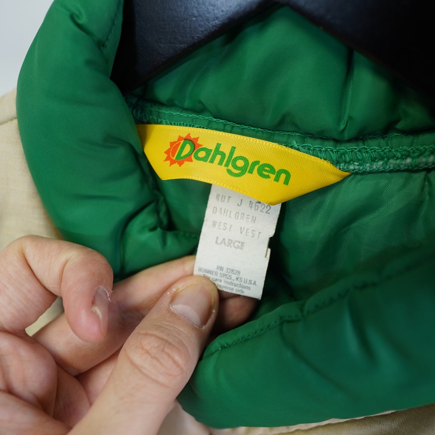 (L) Vintage 70s Dahlgren Western Down Puffer Vest Men's L Green Tan Two Tone 80s