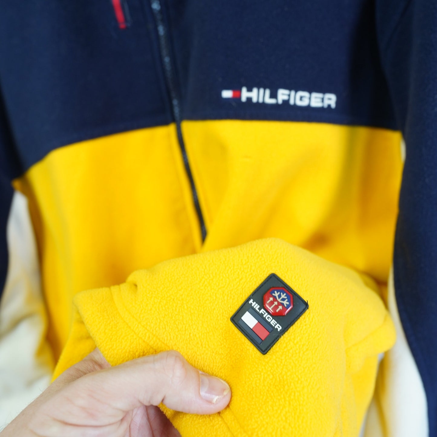 (XL) Vintage Tommy Hilfiger 90s Fleece Full Zip Jacket Men's XL Yellow Sewn Big Flag