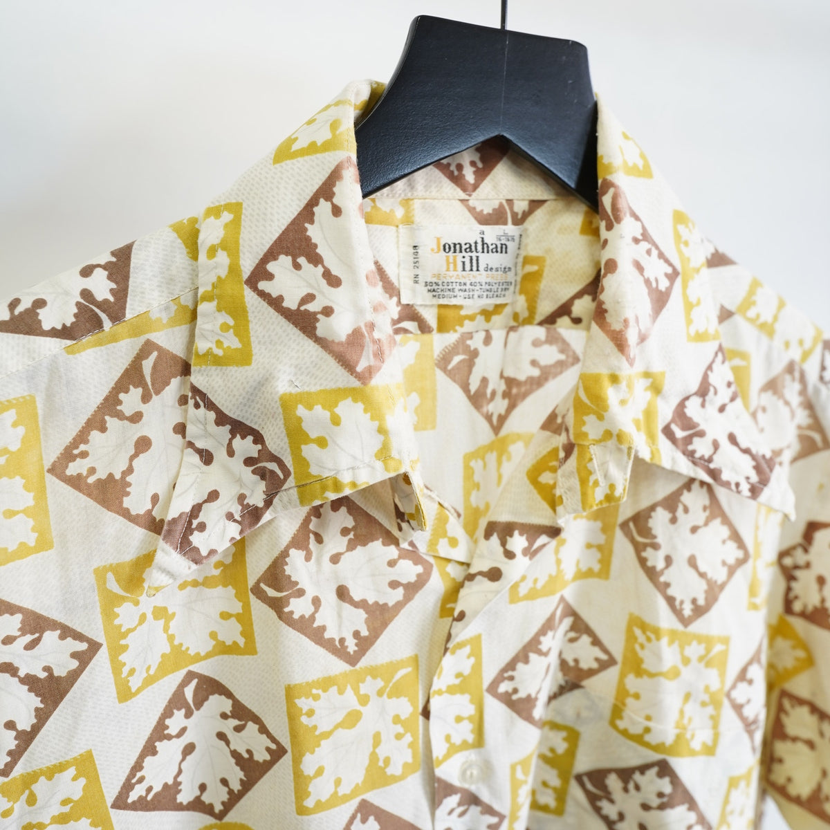 (L) True Vintage Wide Collar 70s Geometric Print Button Up Shirt Mens L White Disco