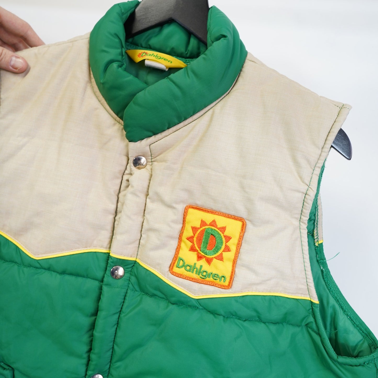 (L) Vintage 70s Dahlgren Western Down Puffer Vest Men's L Green Tan Two Tone 80s