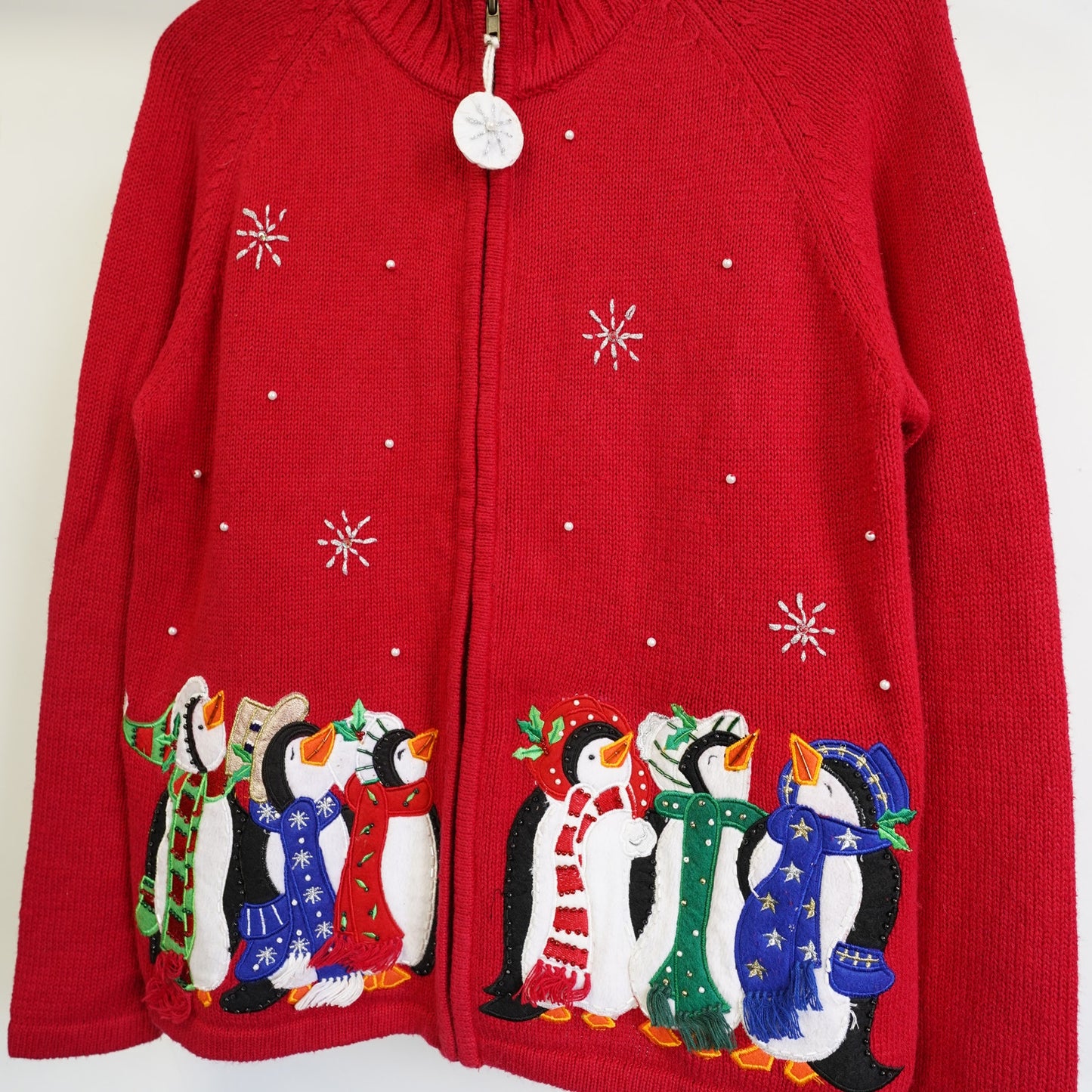 (Women's M) Vintage Christmas Holiday Sweater Full Zip Cardigan Women's M Penguins Red