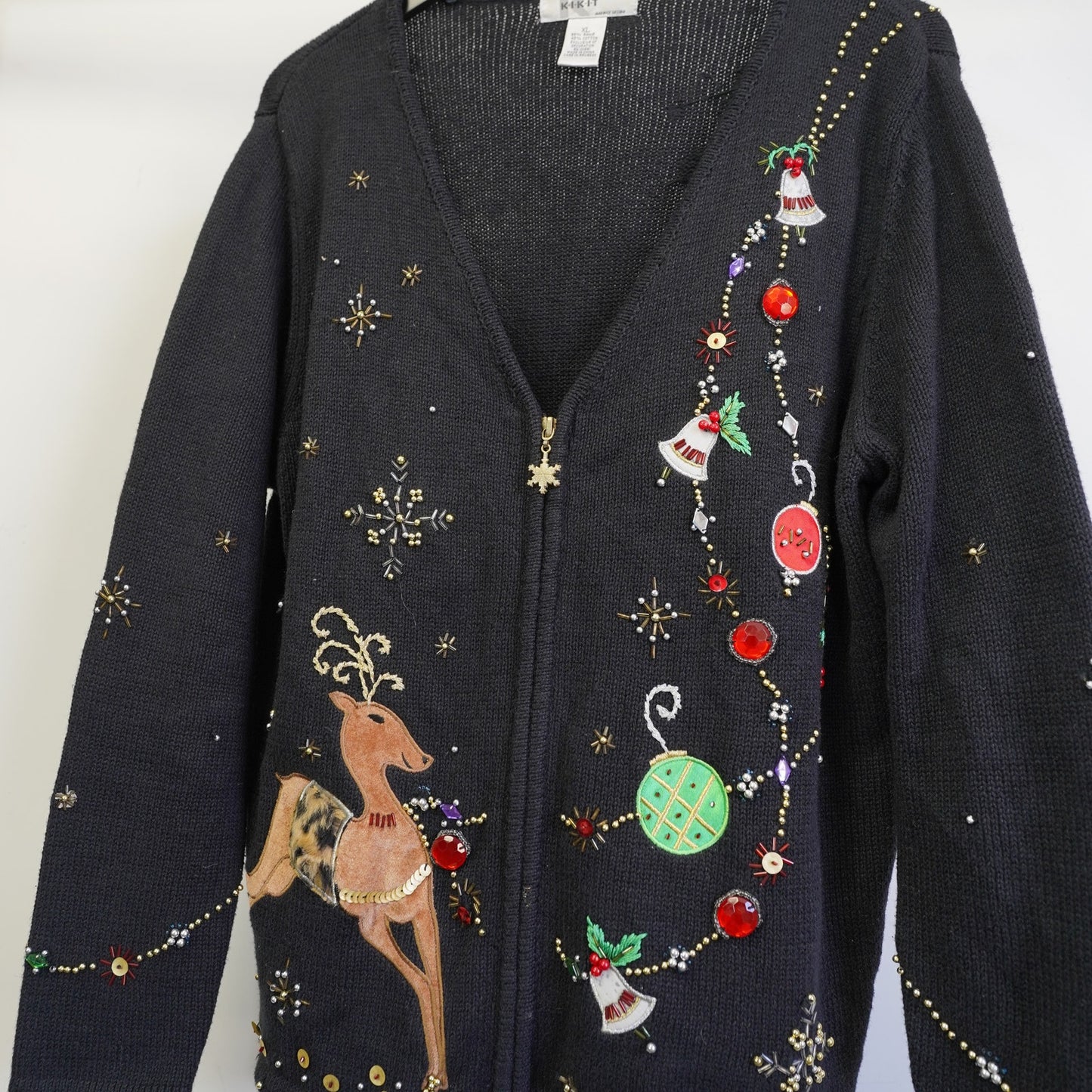 (Women's XL) Vintage Crazy Christmas Cardigan Knit Sweater Women's XL Black Full Zip Crotchet