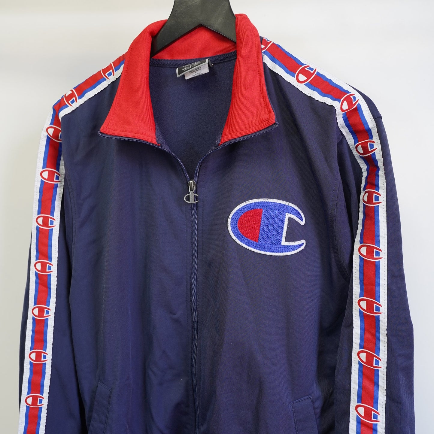 (L) Champion Track Jacket Warm Up Embroidered Big C Logo Men's L Blue Red Retro 90s