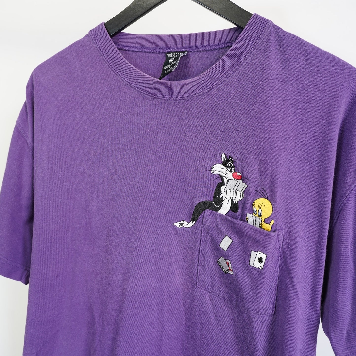 (L) Vintage Sylvester Tweety Looney Tunes Sewn Pocket T-Shirt Men's L Purple 90s