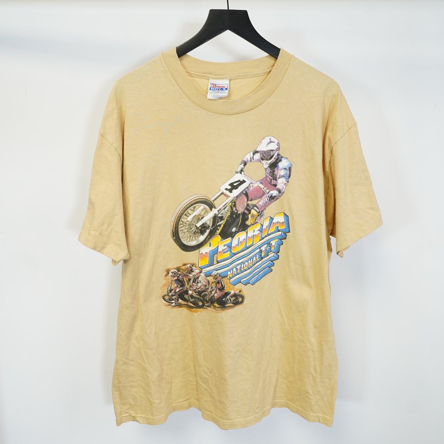 (XL) Vintage Peoria Motocross Single Stitch Racing T-Shirt Men's XL Tan Hanes Biker
