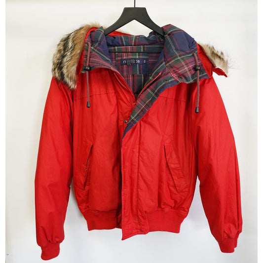 (M) Vintage 90s Nautica Plaid Lined Red Bomber Puffer Jacket Men's M Fur Hood Preppy