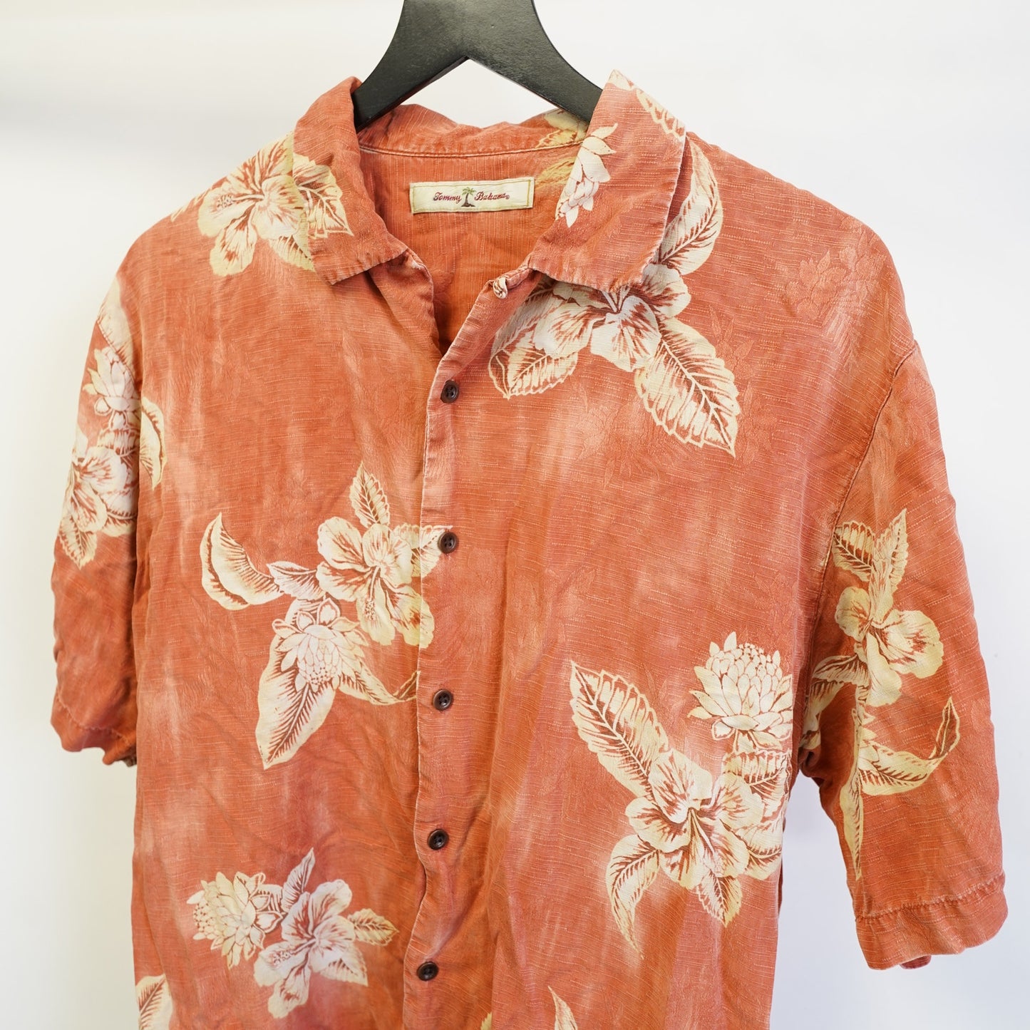Vintage Tommy Bahama 100% Silk Hawaiian Button Up Shirt Men's M Orange Flowers
