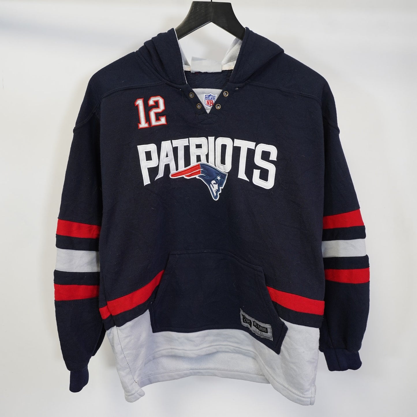 (Youth L/XL) Vintage New England Patriots Embroidered Tom Brady Hoodie Boys L/XL Blue Kids