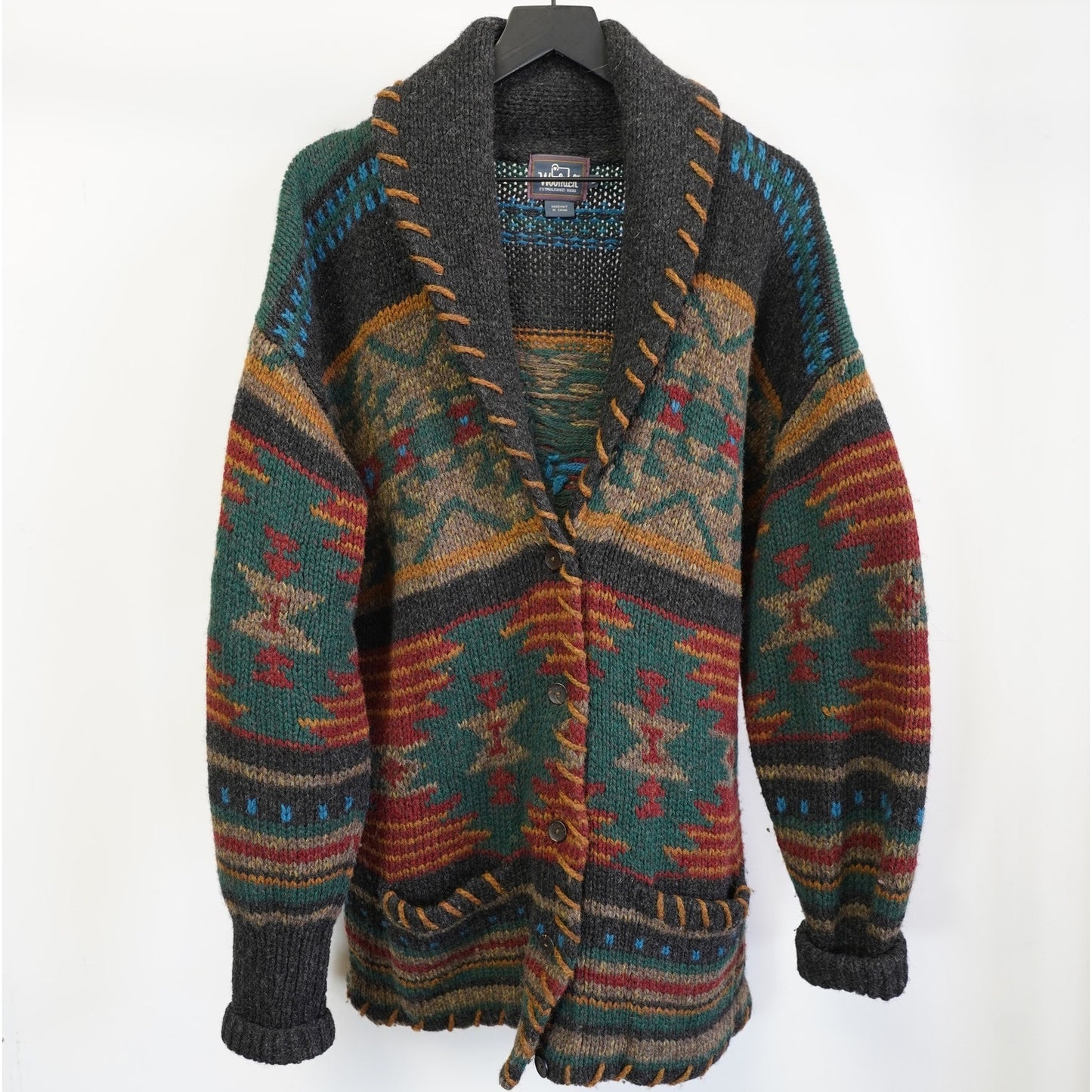 (Women's L) Vintage Woolrich Southwestern Aztec Handknit Cardigan Sweater Women's L Cowboy