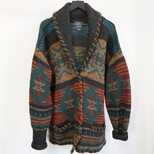 (Women's L) Vintage Woolrich Southwestern Aztec Handknit Cardigan Sweater Women's L Cowboy