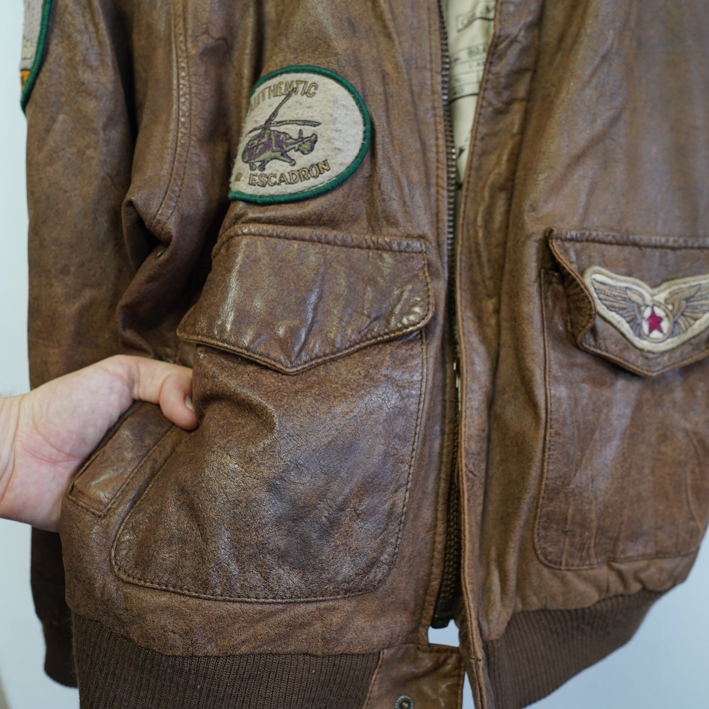(XL) Vintage G-III Leather Aviator Bomber Pilot Flight Jacket Men's XL Brown Patches
