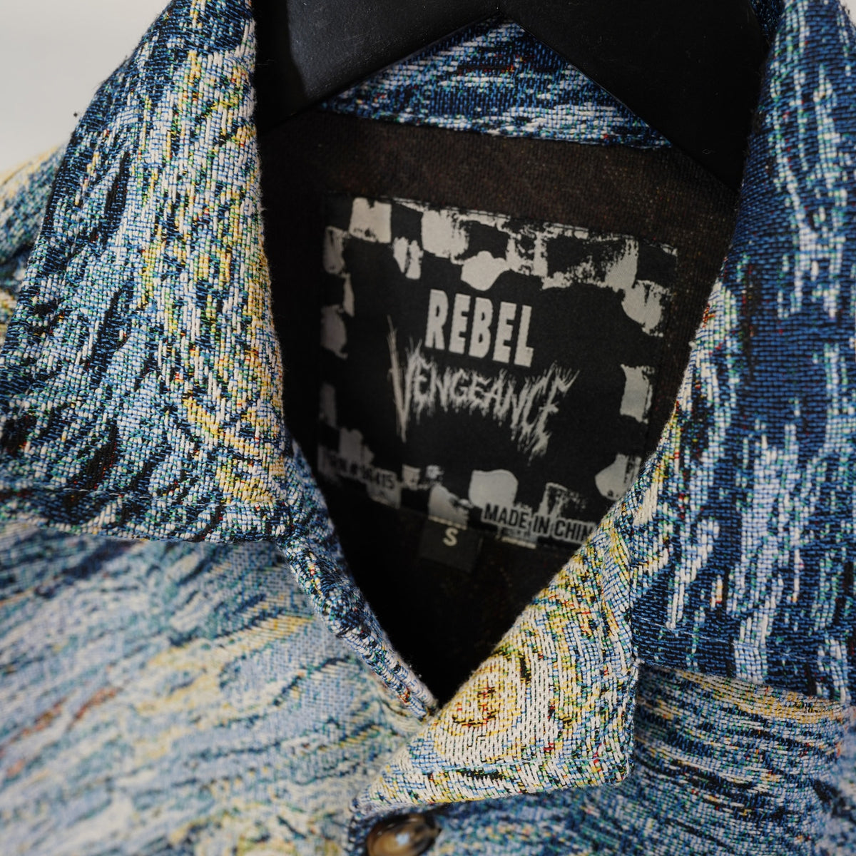 (S) Rebel Vengeance Vincent Van Gogh Starry Night Woven Tapestry Shirt Men's S Art