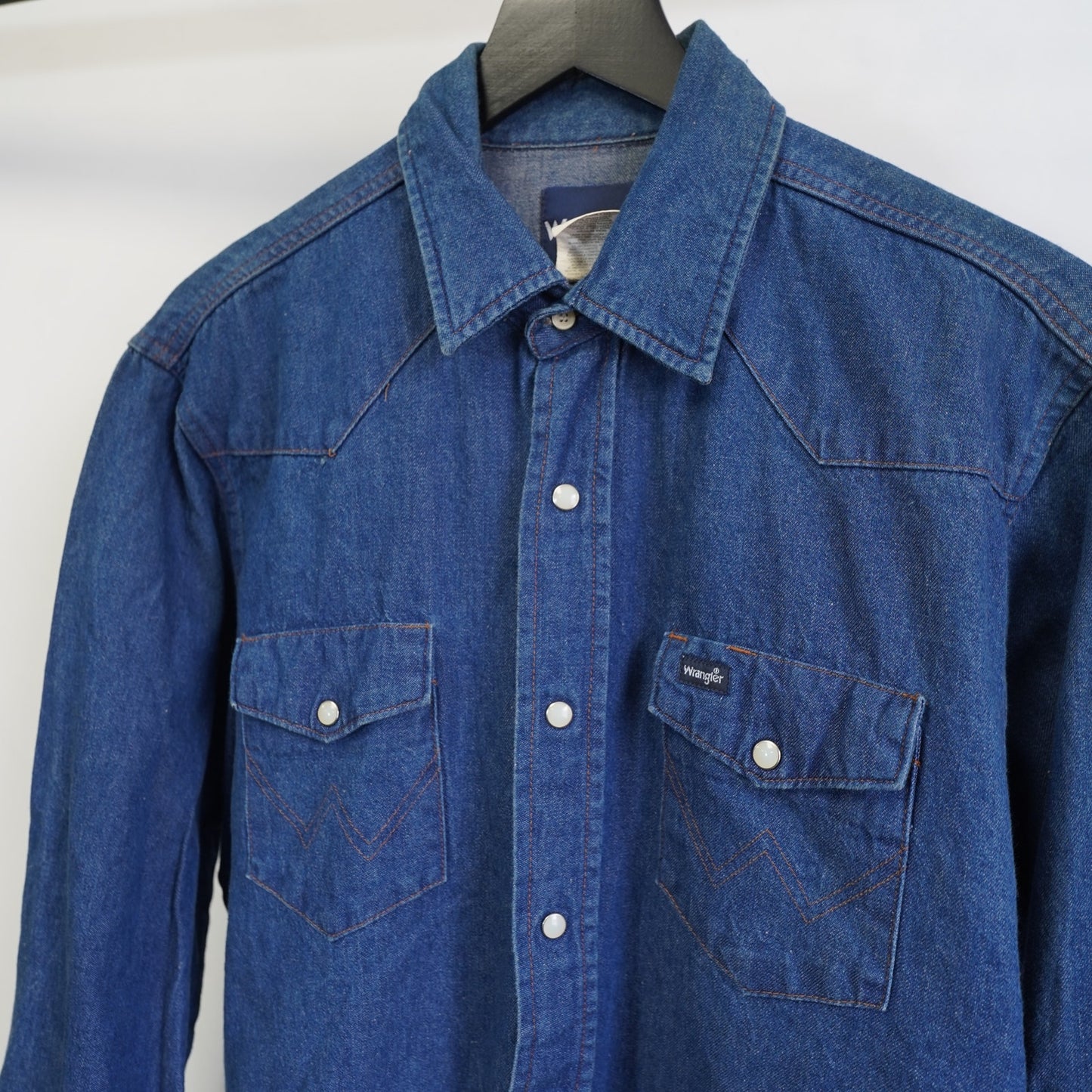 (L) Wrangler Denim Pearl Snap Western Cowboy Button Up Shirt Men's L Blue