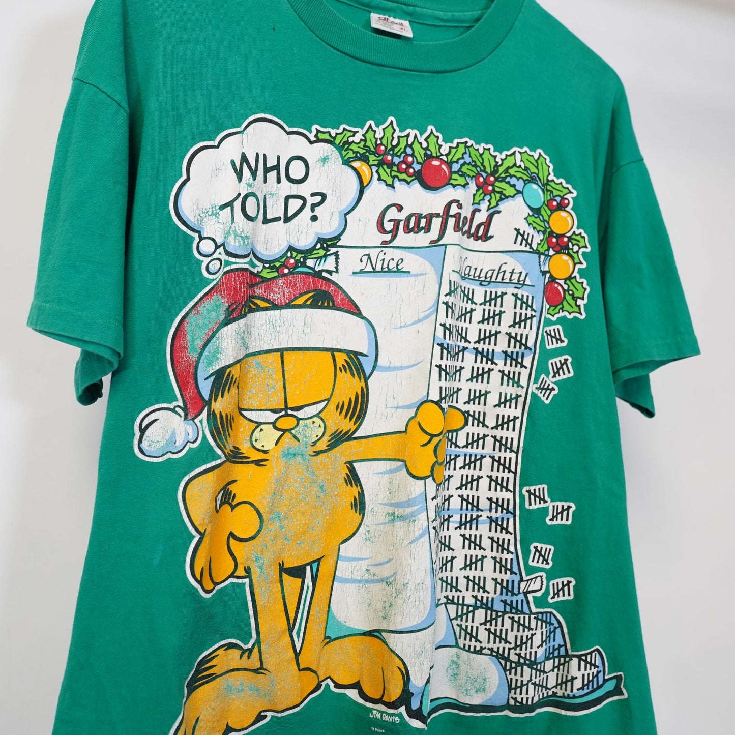 (XL) Vintage Santa Garfield Christmas T-Shirt Men's XL Single Stitch Green Holiday