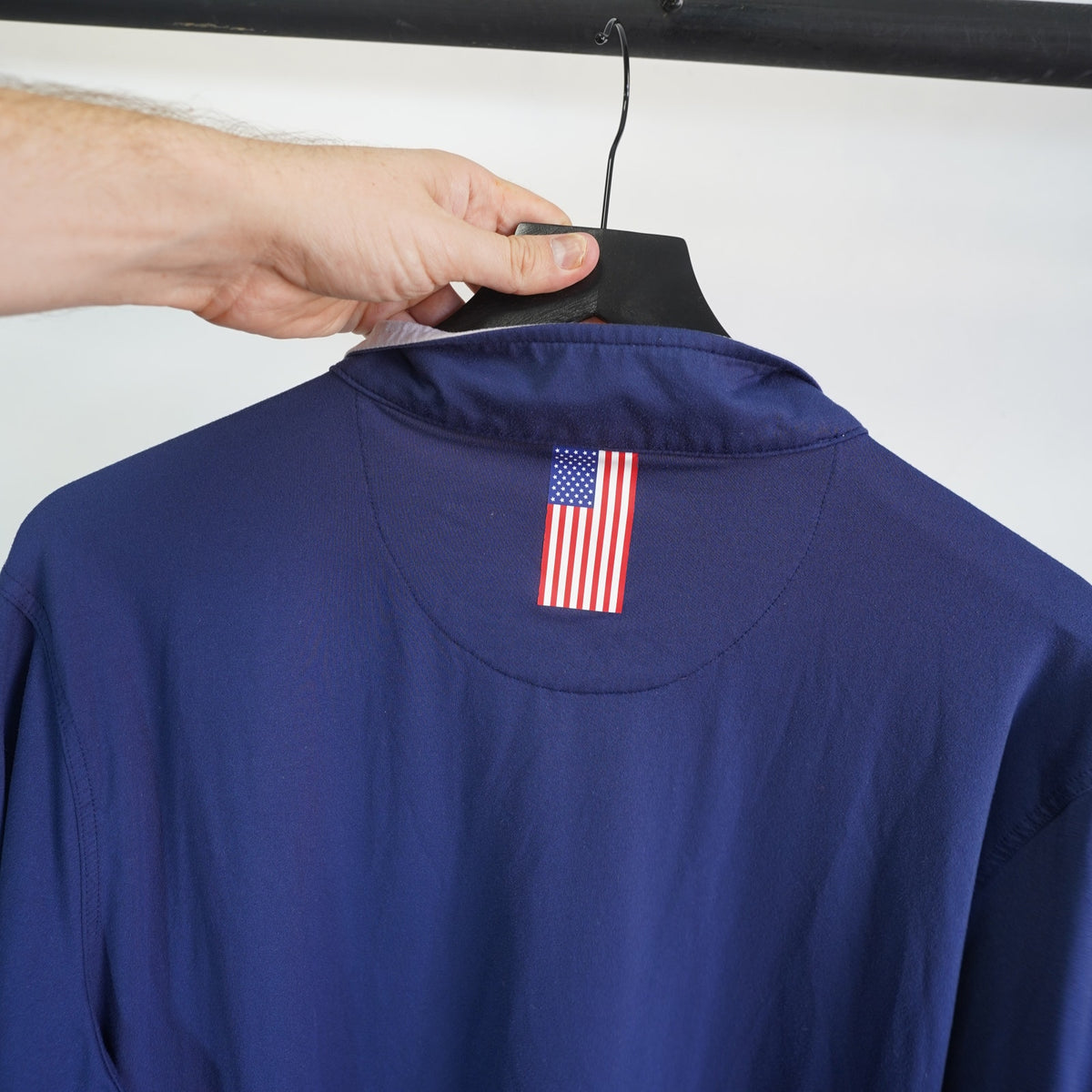 (L) Rhoback Performance 1/4 Quarter-Zip Pullover Fleet Navy USA Flag Men's L Blue