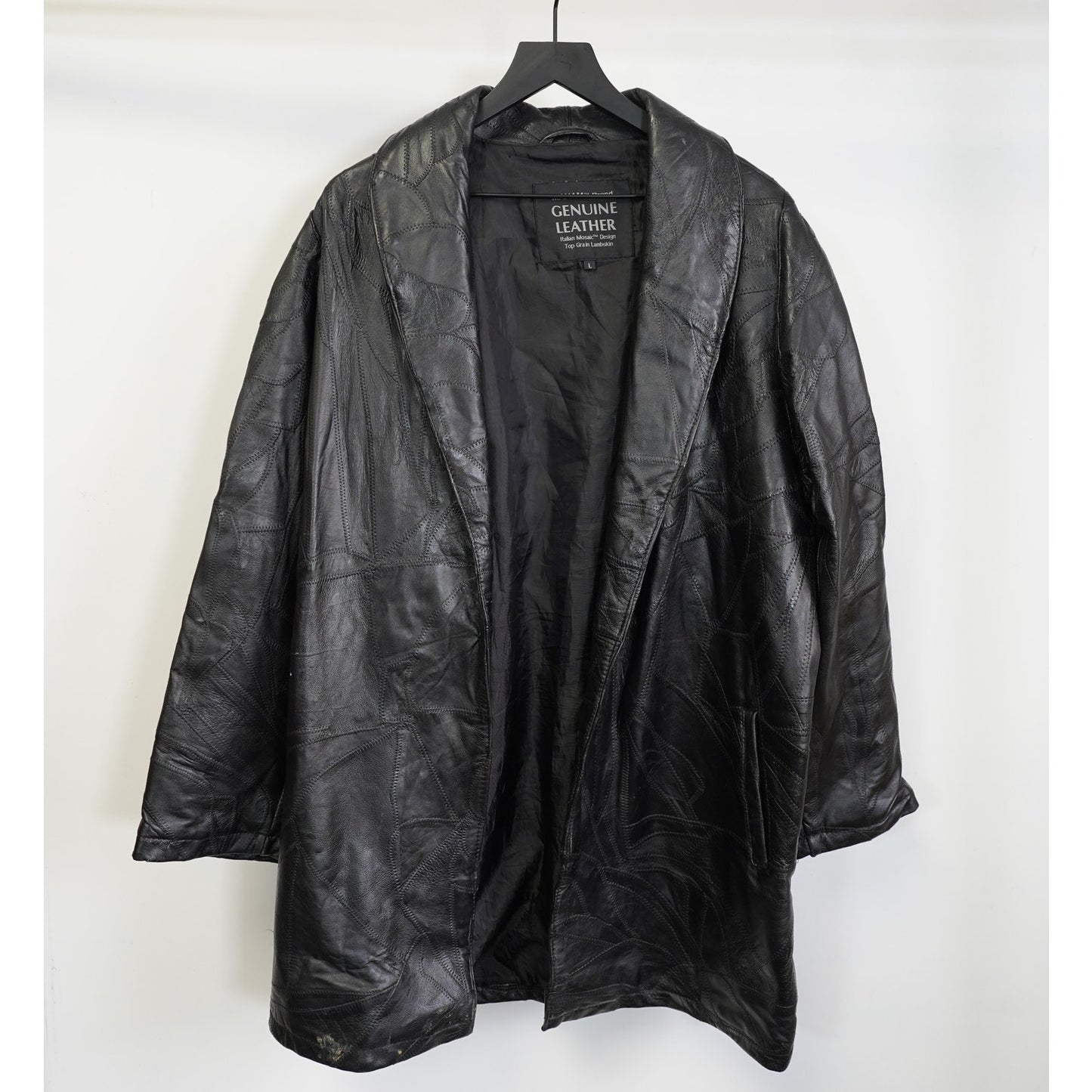 (L) Vintage Lambskin Genuine Leather Italian Mosaic Maxam Trench Coat Men's L Black