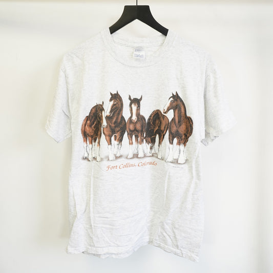 (M) Vintage Clydesdale Horse Nature T-Shirt Men's M Heather Gray AOP Pony Budweiser