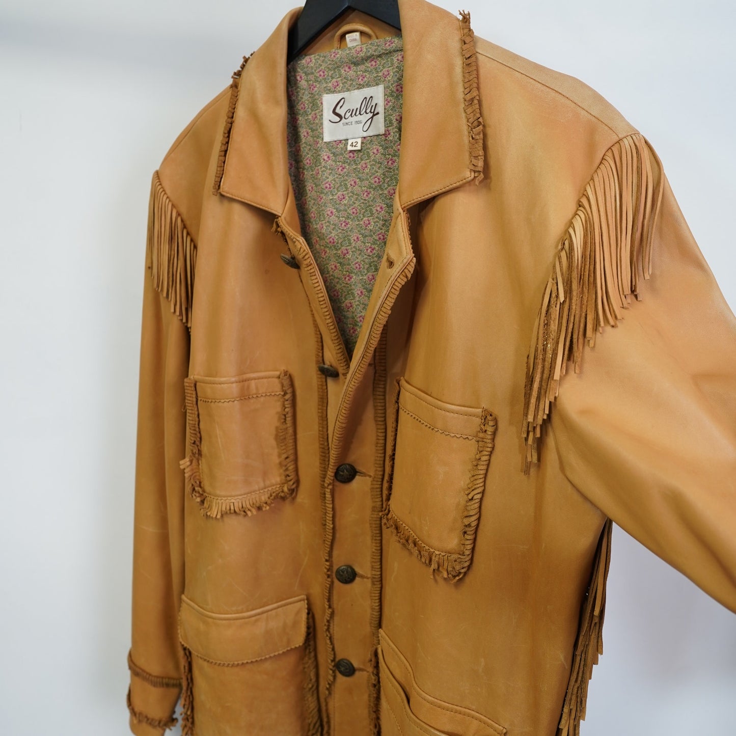 (L) Vintage Scully Genuine Leather Fringe Western Hippie Jacket Men's L Sz 42 Tan