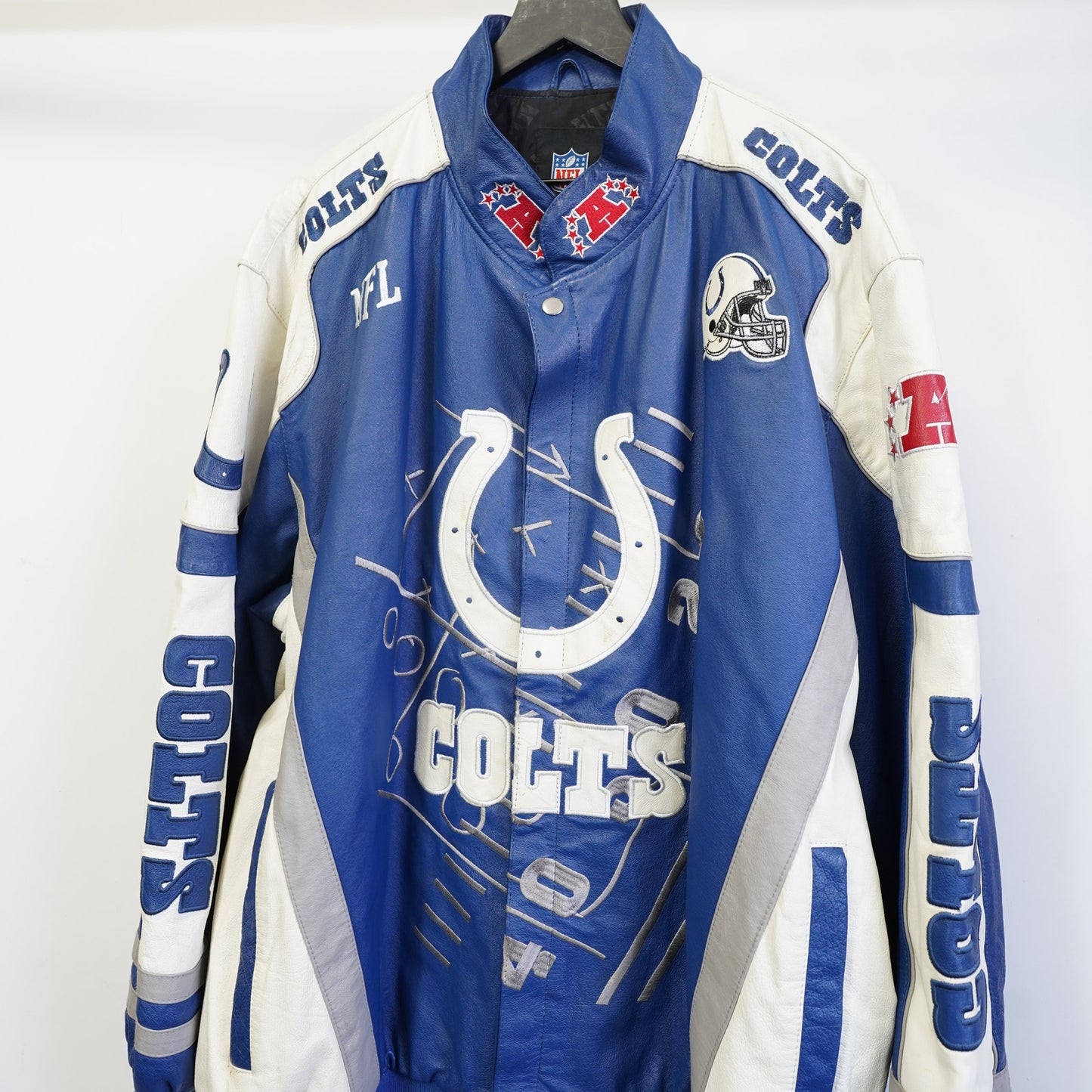 (3XL) Vintage Indianapolis Colts Leather Jacket Sewn Patches Mens 3XL Blue G-III 2000s