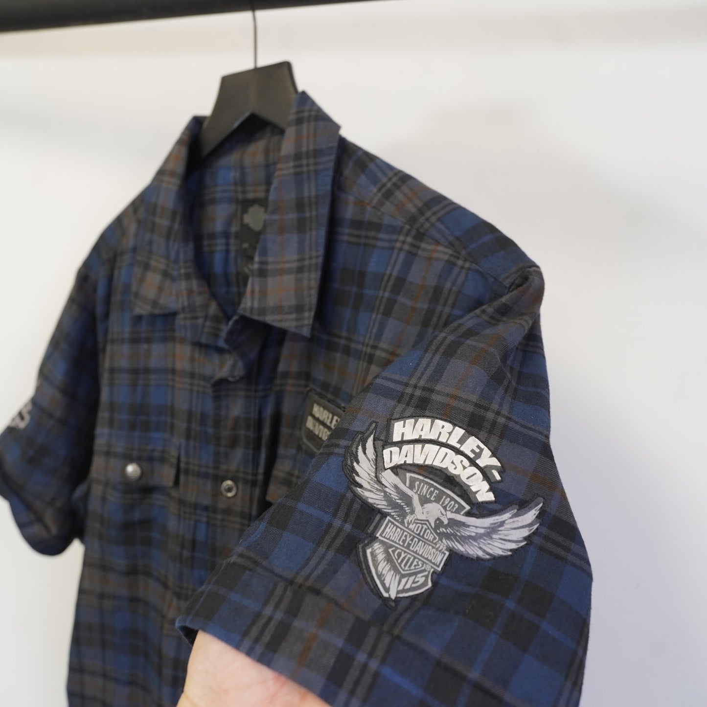 (L) Harley Davidson Motorcycles Plaid Biker Button Up Shirt Men's L Blue Black