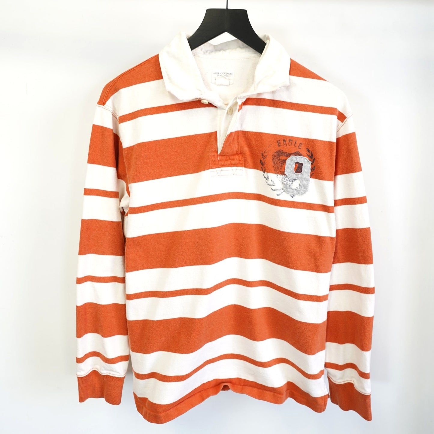 (M) Vintage American Eagle Striped Rugby Long-Sleeve Polo Shirt Men's M Orange Y2K