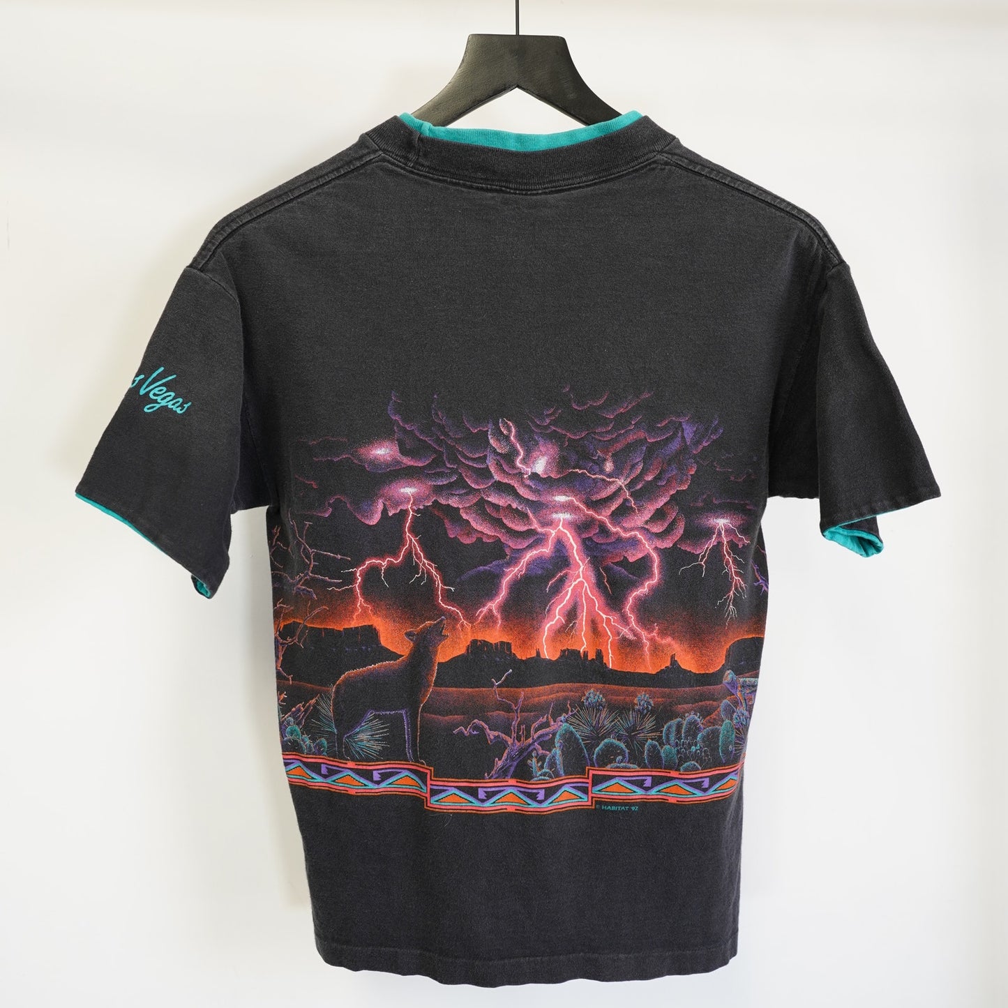 (S) Vintage 90s Habitat Arizona Lightning Wolf AOP Western T-shirt Men's S Black