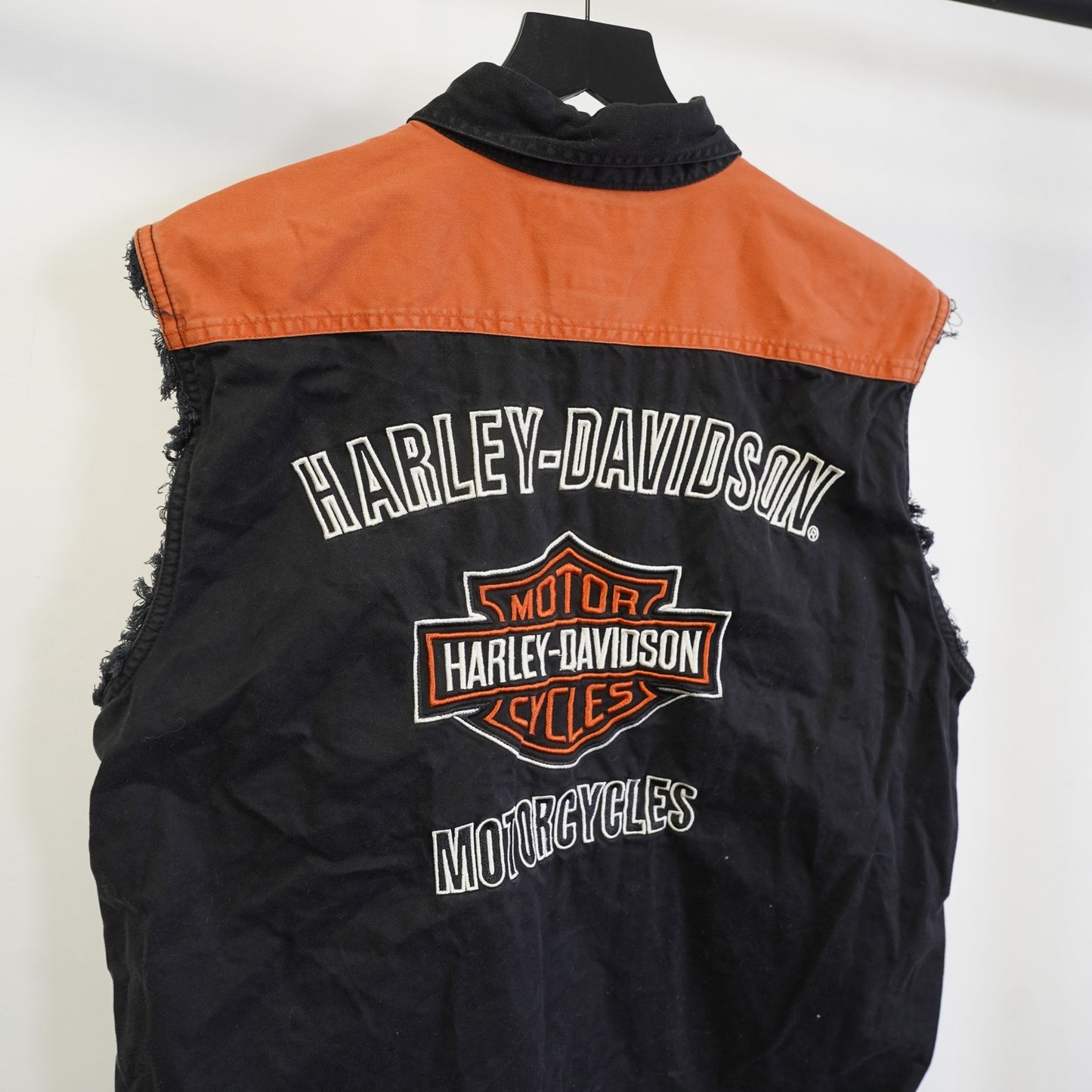 (M) Vintage Harley Davidson Motorcycle Vest Stitched Men's M Black Oranger Biker