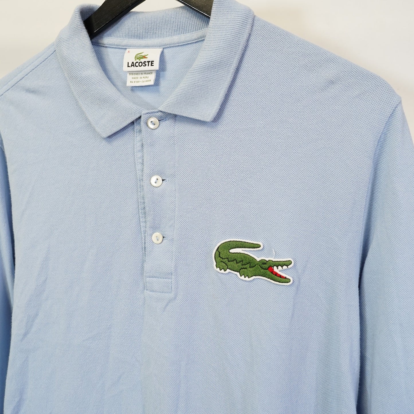 (L) Vintage Lacoste Big Logo Alligator Long Sleeve Polo Shirt Men's L Light Blue