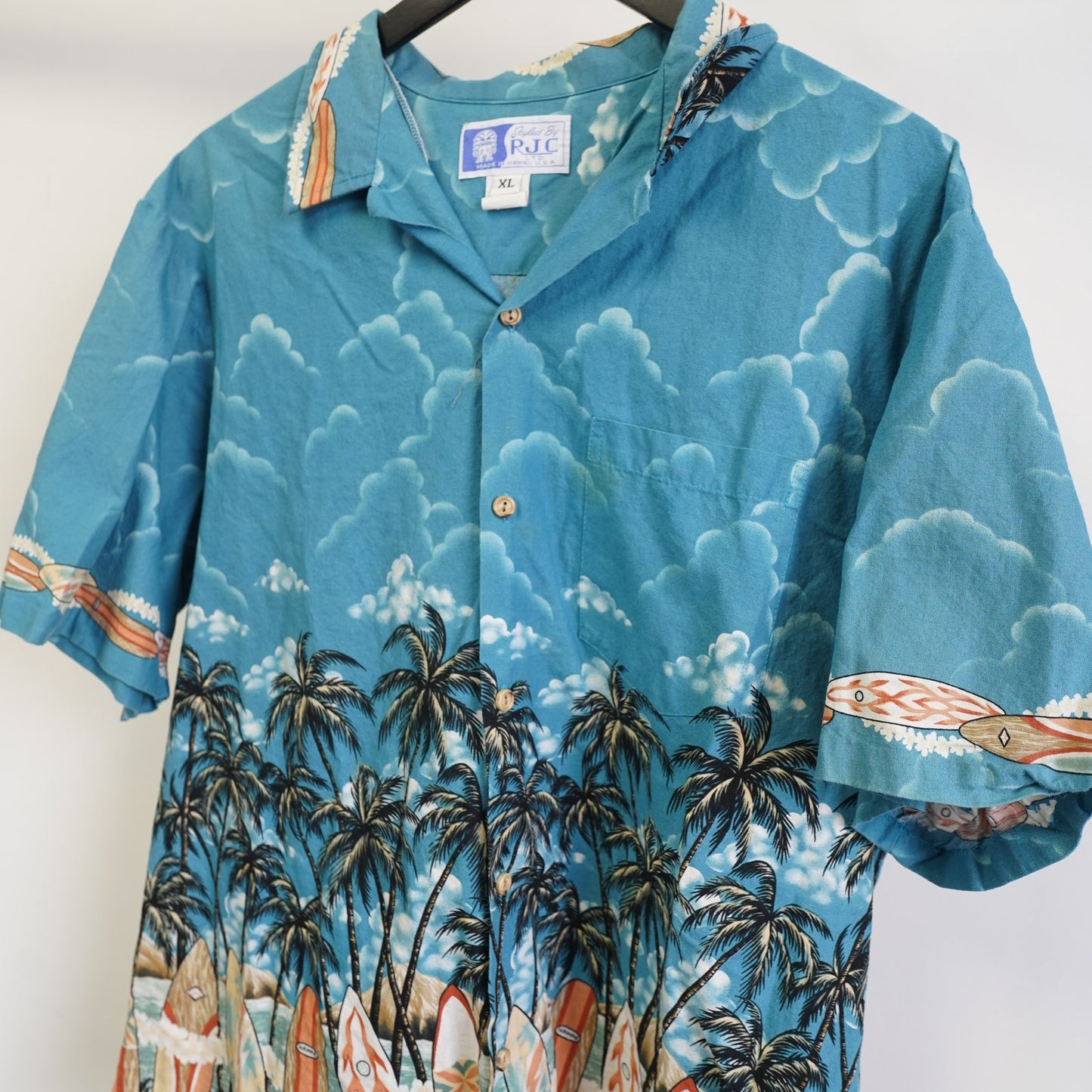 (XL) Vintage RJC Hawaiian Shirt Tropical Surfboard Men's XL Blue 90s Pal Tree Floral