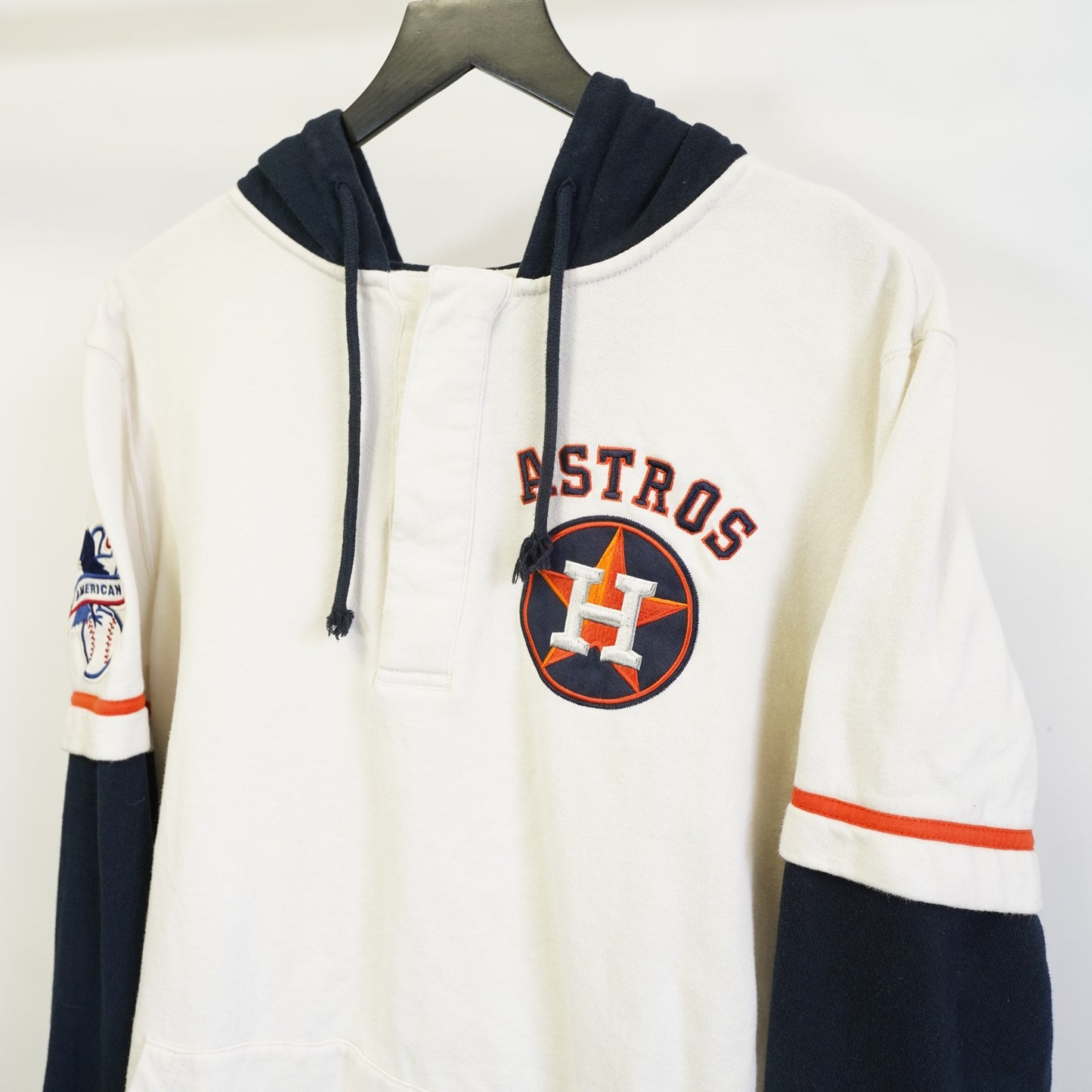 (L) Houston Astros Majestic Baseball Jersey Hoodie Men's L Embroidered Cream Blue