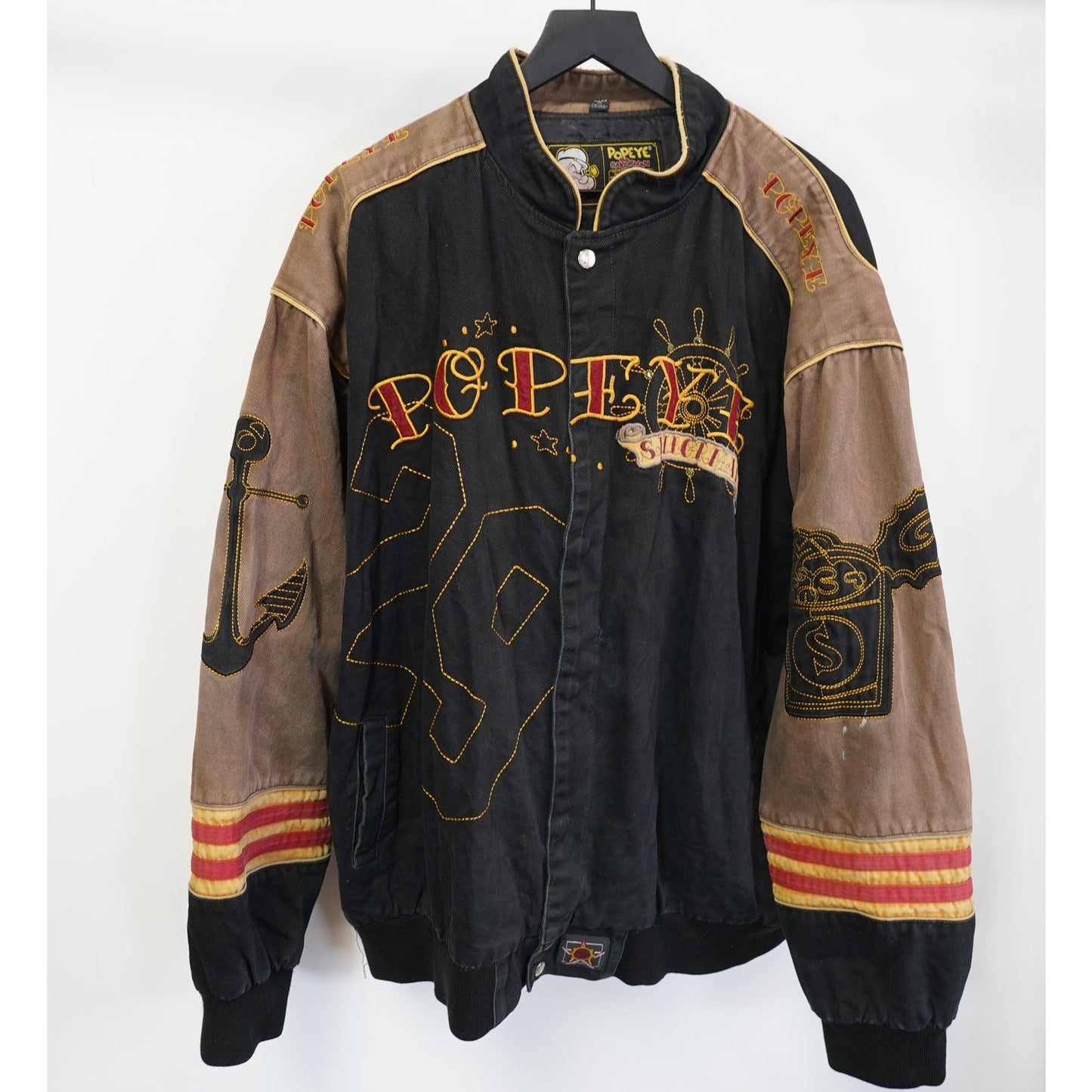 (4XL) Vintage JH Design Popeye the Sailor ManNascar Racing Jacket Men's 4XL Black Y2K