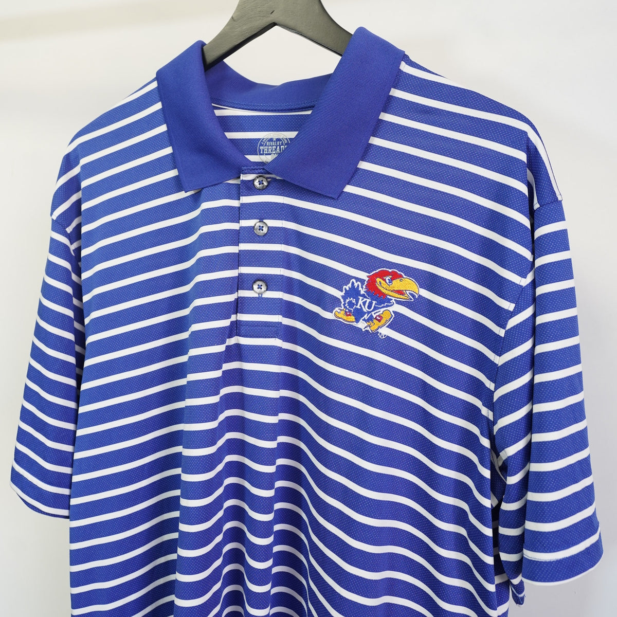 (XL) University of Kansas Jayhawks Embroidered Striped Polo Shirt Men's XL Blue White