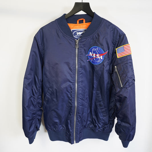 (M) NASA Flight Bomber Jacket Sewn Patch Adult Size Medium Blue Orange Up and Away