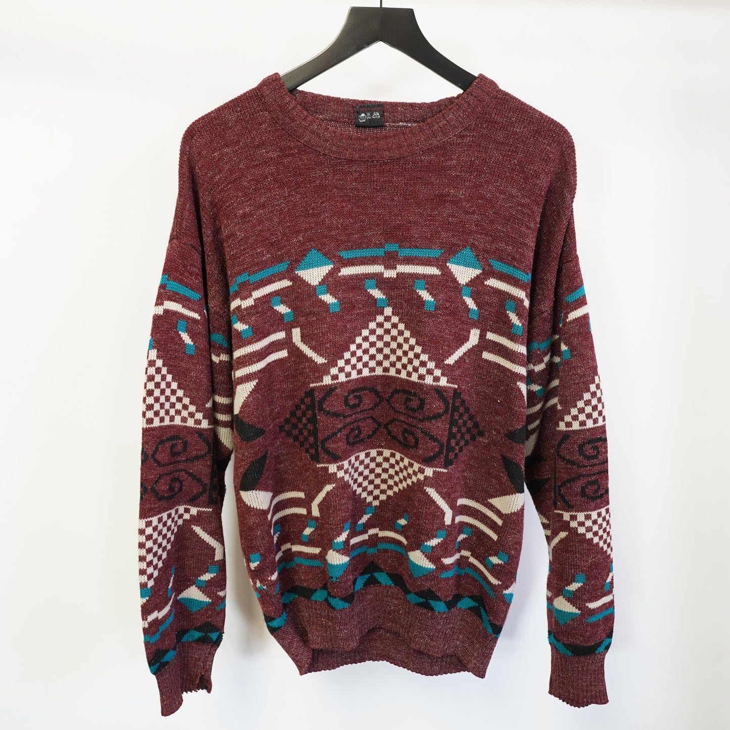(M) Vintage 90s Evernew Knit Geometric Sweater Men's M Maroon Retro