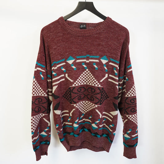 (M) Vintage 90s Evernew Knit Geometric Sweater Men's M Maroon Retro
