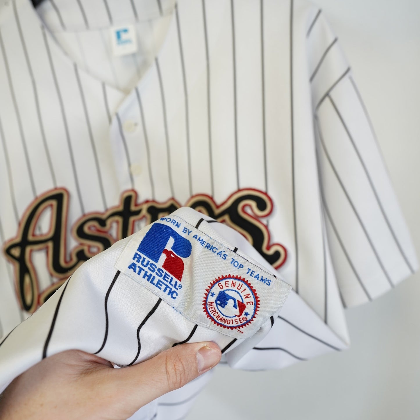 (L) Vintage Russell Athletic Houston Astros Pinstripe Baseball Jersey Men's L White