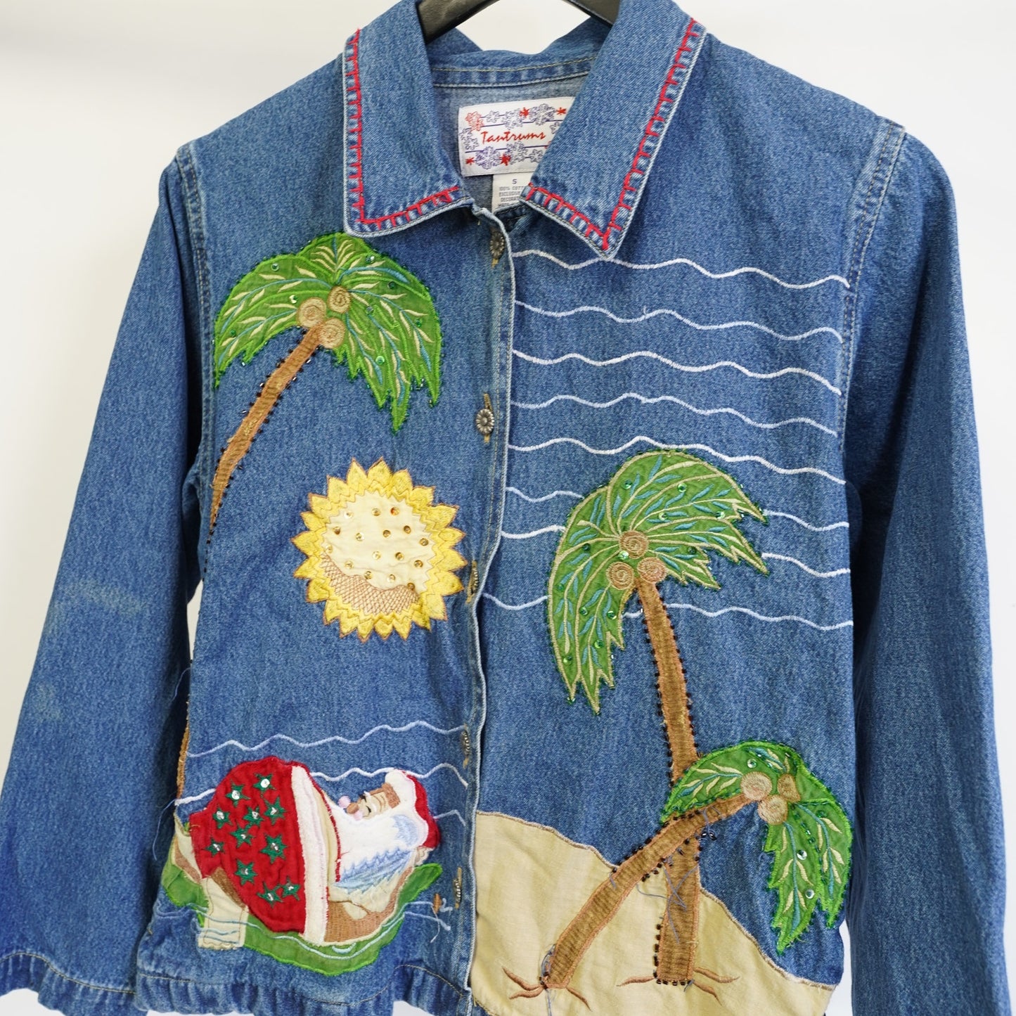 (S) Vintage Christmas Embroidered Santa Denim Jacket Tropical Women's S Tantrums