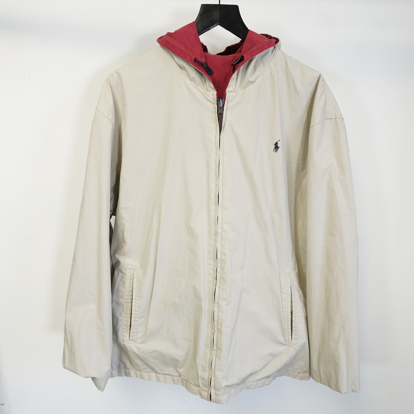(L) Vintage Polo Ralph Lauren Reversible Hooded Rain Jacket Men's L Red Cream