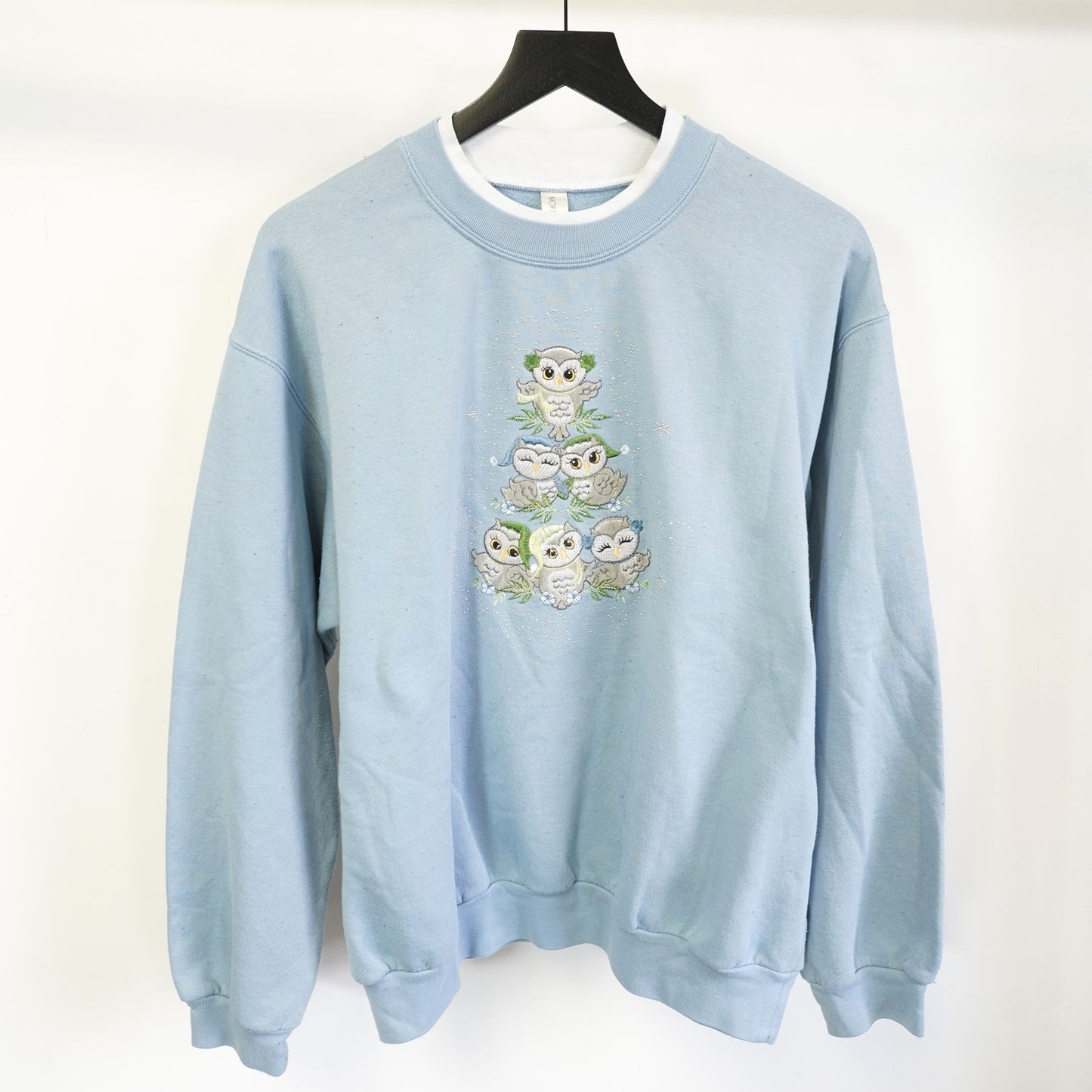 Vintage Owl (Women's XXL) Embroidered Nature Christmas Sweater Women's 2XL Blue Granny Cottage