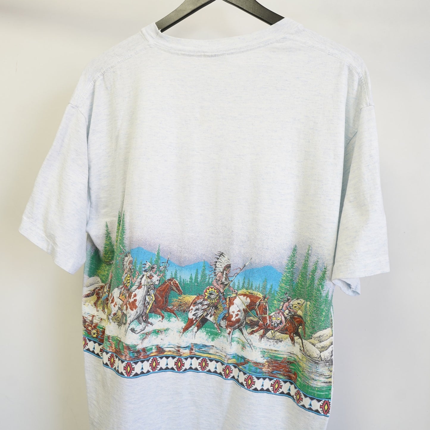 (XL) Vintage Native American Indian Western T-Shirt Men's XL All Over Print 90s Gray