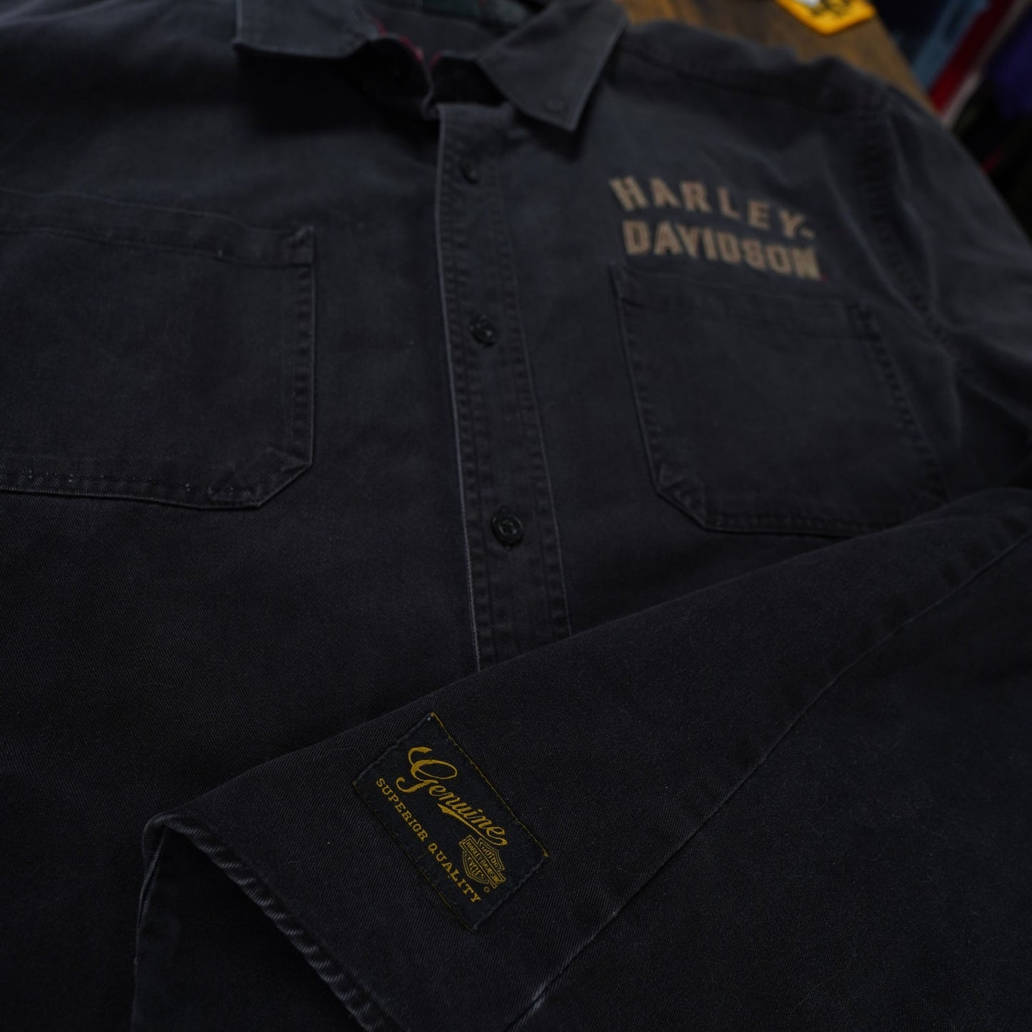 (3XL) Vintage Harley Davidson Stitched Button Down Biker Shirt Men's 3XL Black Eagle