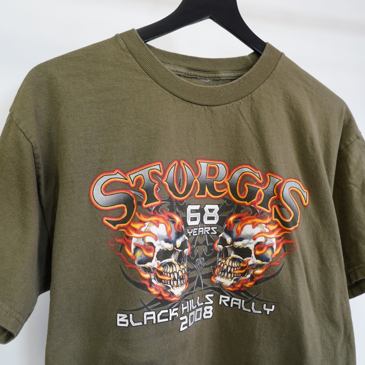 (M) Vintage Stugis 2000s Motorcycle Rally Skull Biker T-Shirt Mens M Olive Green Y2K