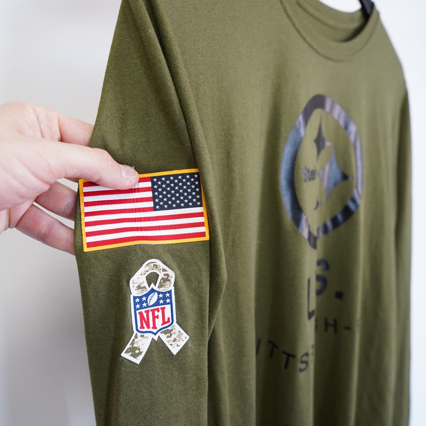 (M) Nike Salute to Service Pittsburg Steelers Olive Green Longsleeve T-Shirt Men's M