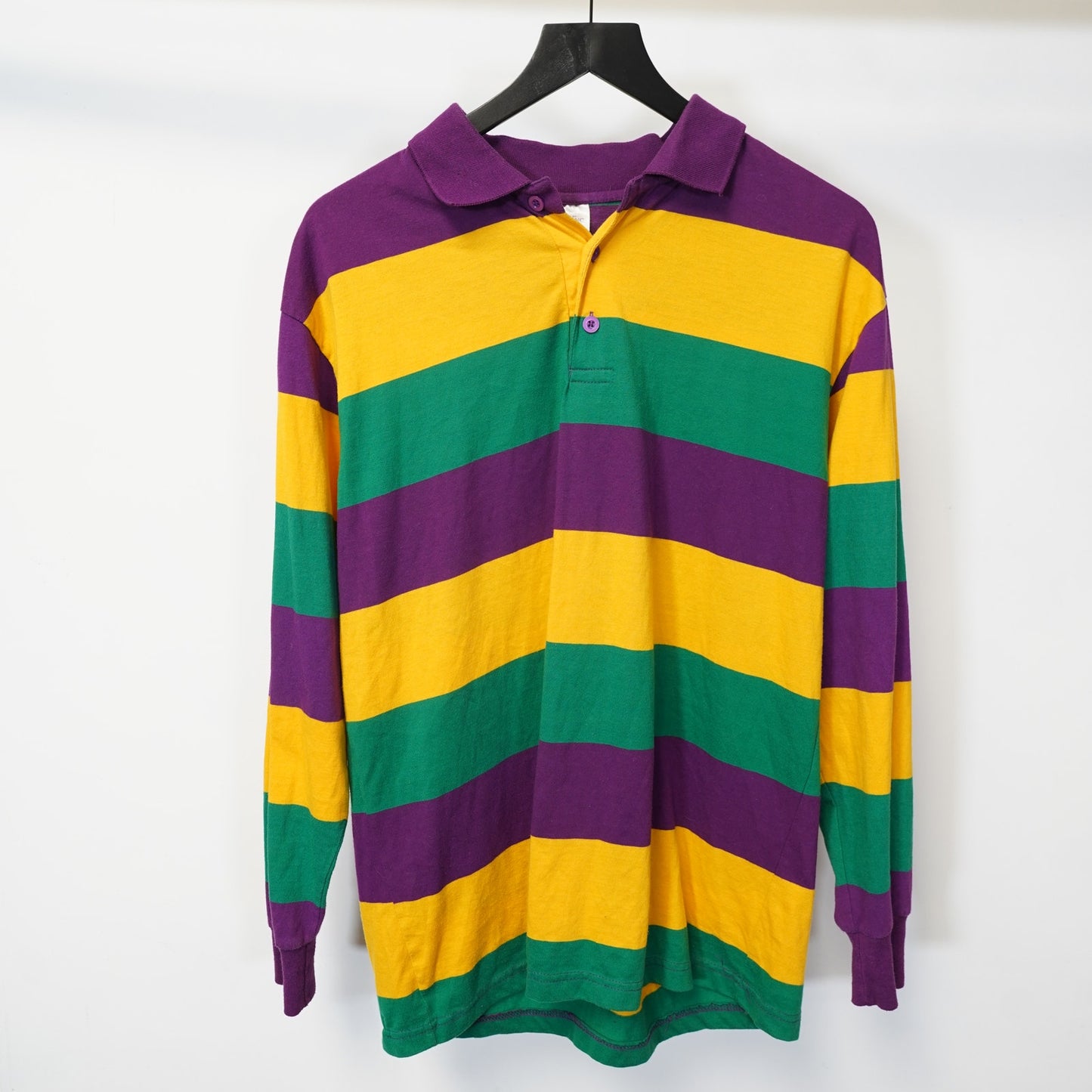 (L) Vintage Mardi Gras Striped Long Sleeve Rugby Polo Shirt Men's L New Orleans