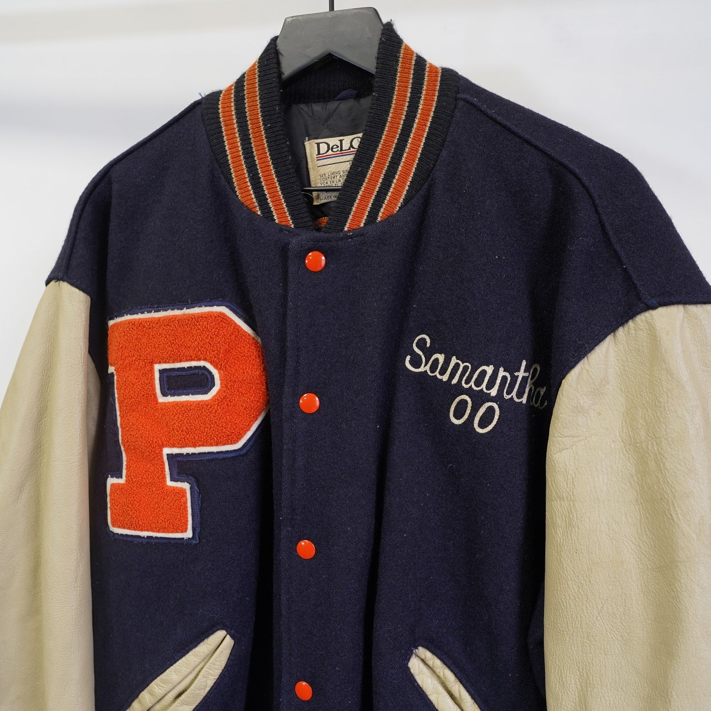 (XL) Vintage Delong Leather Varsity Jacket Unisex Size XL Navy Cream Catholic