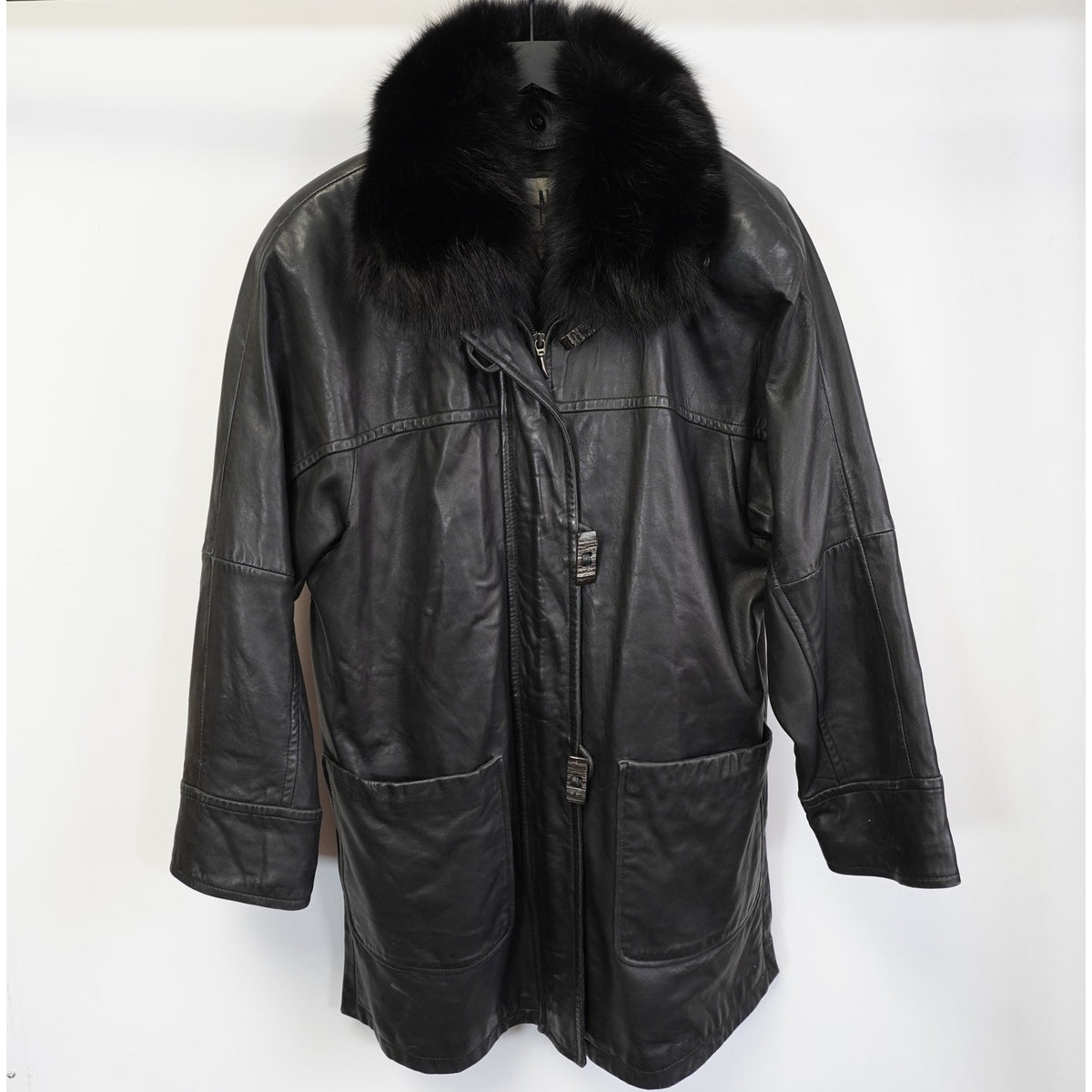 (Women's M) Vintage 90s Black Leather Jacket Fox Fur Collar LNR Women's M Trench Coat Glam